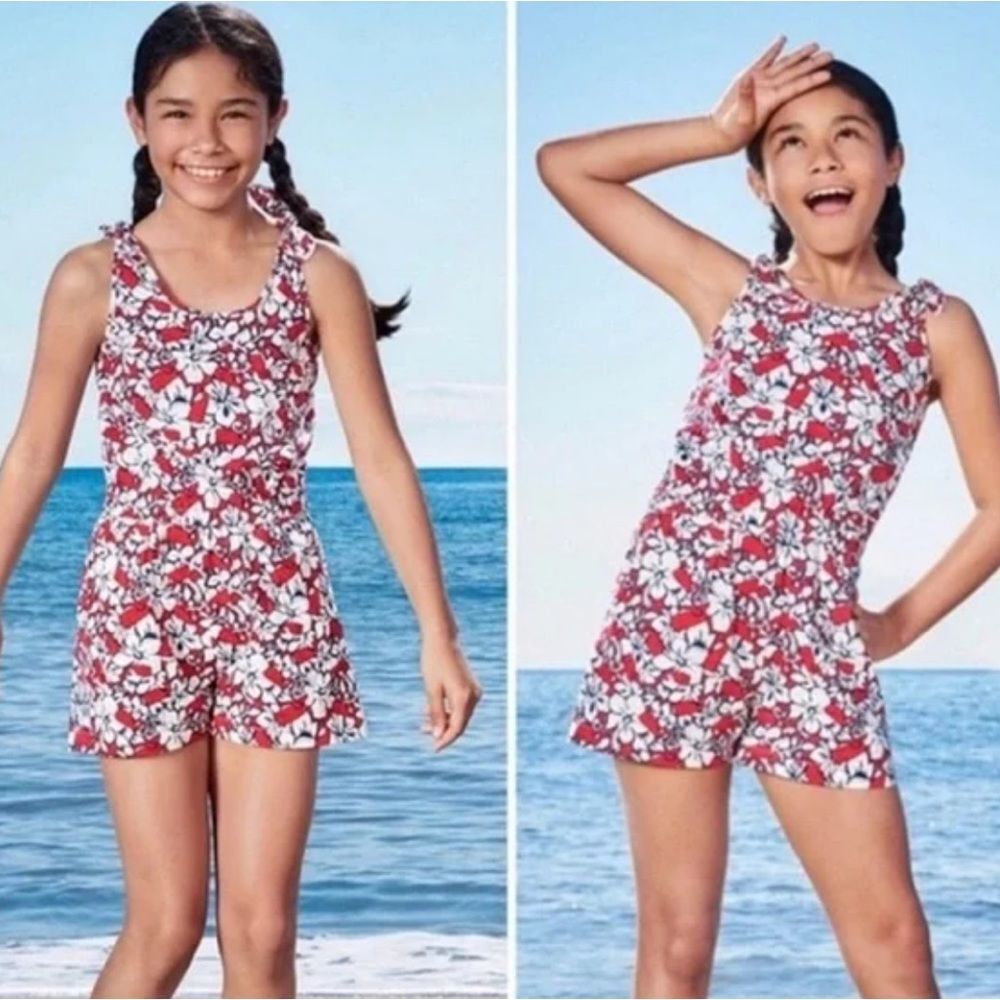 Vineyard Vines for Target Girls Size 14/16 Red Hibiscus Whale Tank Romper